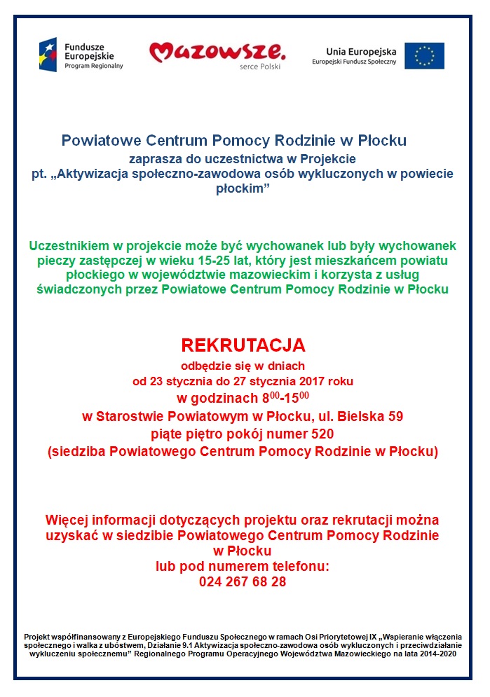 Plakat informujący o rekrutacji w dniach 23.01 - 27.01.2017