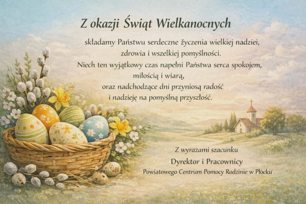 Z okazji Świąt Wielkanocnych składamy Państwu serdeczne życzenia wielkiej nadziei, zdrowia i wszelkiej pomyślności. Niech ten wyjątkowy czas napełni Państwa serca spokojem, miłością i wiarą, oraz nadchodzące dni przyniosą radość i nadzieję na pomyślną przyszłość.
Z wyrazami szacunku Dyrektor i Pracownicy Powiatowego Centrum Pomocy Rodzinie w Płocku.